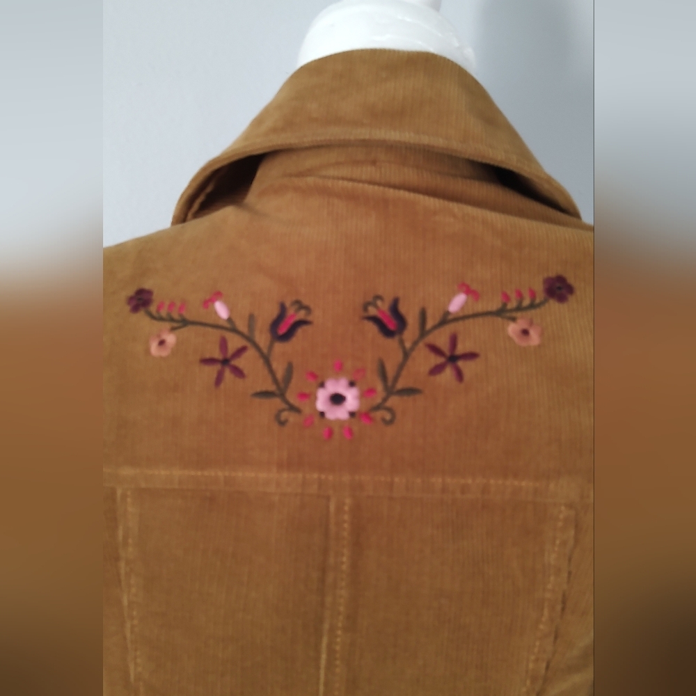 Vintage Corduroy Long Jacket Women Jean Basic Style 70s' Embroidery Size Medium - Picture 8 of 15